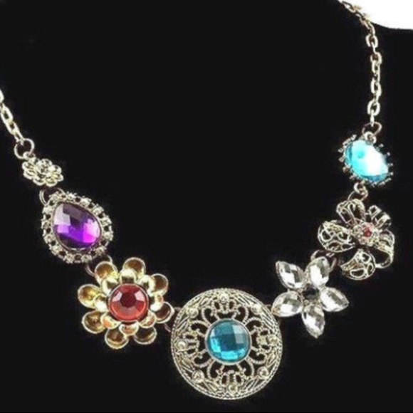 Jewelry - Antique Statement Necklace Crystal Flowers Bronze